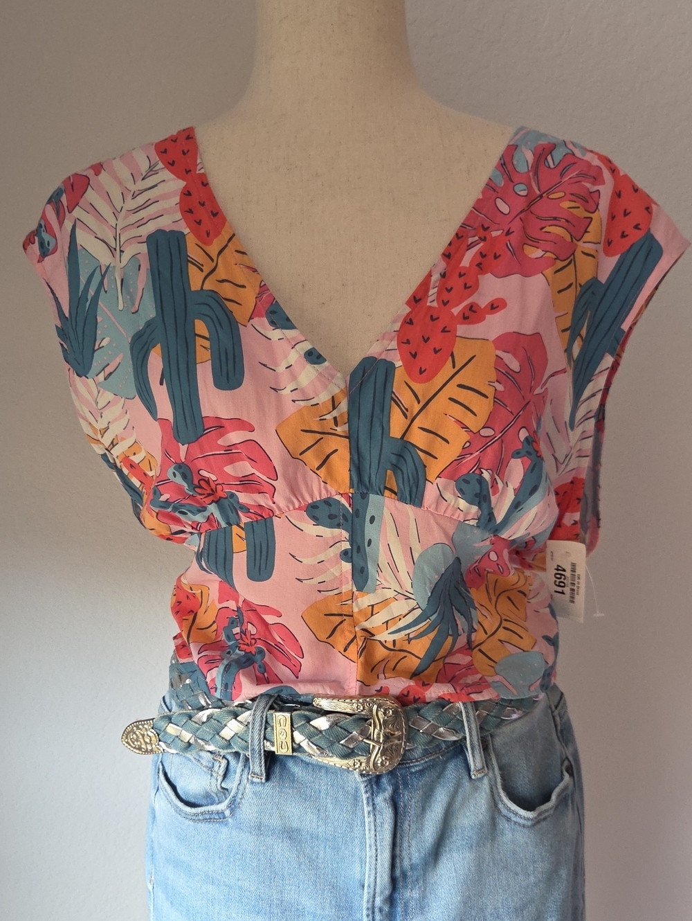 Wrangler Western Desert Cactus Hawaiian Print Sleeveless Blouse Retro Country